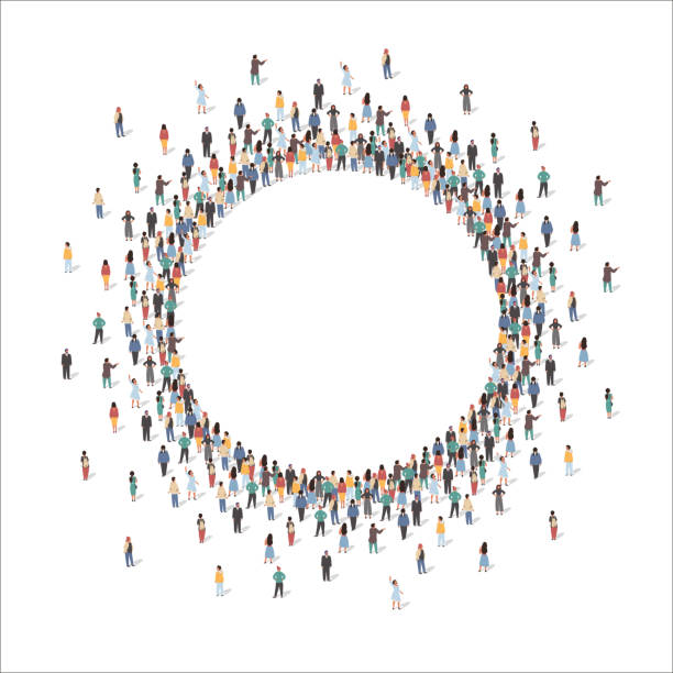 Large group of people forming circle frame, flat vector illustration. Large group of people forming circle frame standing together, flat vector illustration. People crowd gathering in shape of round border. crowd of people borders stock illustrations