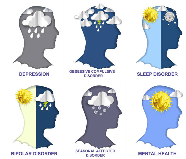 정신 장애. 벡터 종이 는 구름, 태양, 비, 번개와 공예 스타일의 머리 실루엣을 잘라. 심리학, 정신과. - thunderstorm rain sun lightning stock illustrations