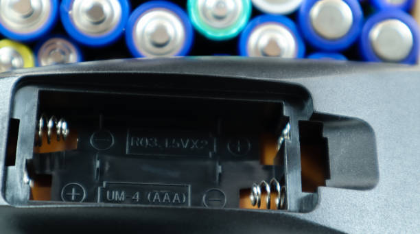 istock Remote control amid scattered disposable AAA and AA alkaline batteries. Battery replacement, spare parts. An empty battery compartment of the remote control close-up. Recycling concept 1280388699