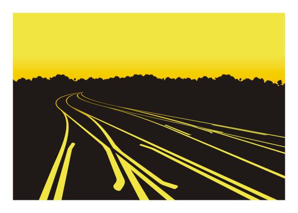 illustrations, cliparts, dessins animés et icônes de ligne de branche de chemin de fer de voie double dans la vue de perspective avec le fond de silhouette de forêt. - railroad junction