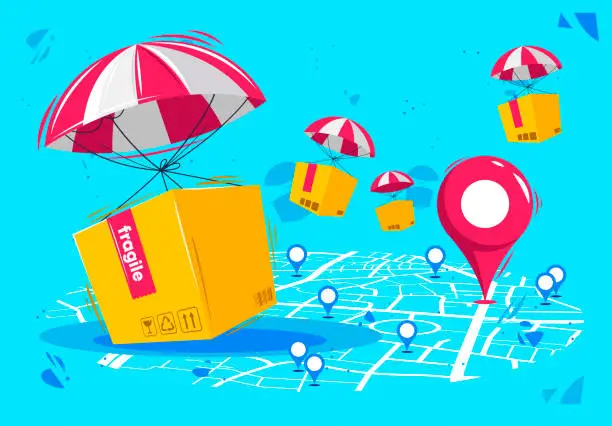 Vector illustration of vector illustration of an air delivery service, delivery of goods and boxes by air using balloons, with a city map and geo-location tags