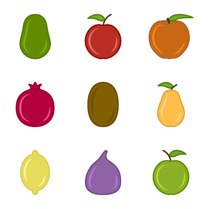 Set of cute cartoon uncut fruit icons. The set includes - apples, pears, figs, avocados, lemon and others. Isolated vector on white background