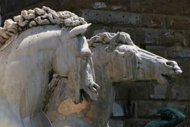 Florence, Italy-July 21, 2015: Horses in the Neptune Statue in Signoria Square, Piazza della Signoria, Florence.