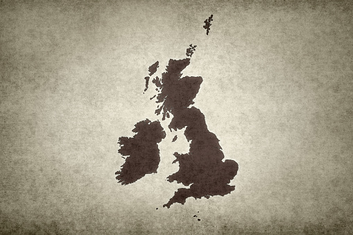 Grunge map of the British Isles printed on an old paper.