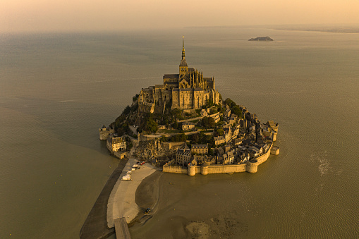 Mont Saint Michel aerial views at sunset in Normandy France