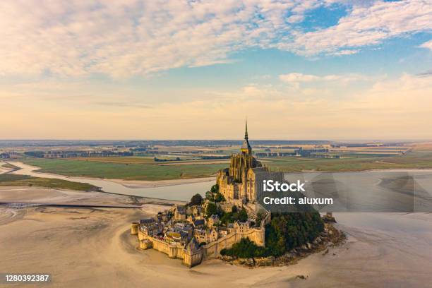 Mont Saint Michel At Sunset Normandy France Stock Photo - Download Image Now - Mont Saint-Michel, Sky, Medieval