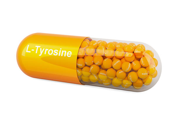 Capsule with L-Tyrosine, dietary supplement. 3D rendering isolated on white background Capsule with L-Tyrosine, dietary supplement. 3D rendering isolated on white background tyrosine stock pictures, royalty-free photos & images