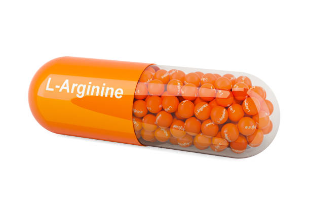 capsula con l-arginina, integratore alimentare. rendering 3d isolato su sfondo bianco - arginine foto e immagini stock