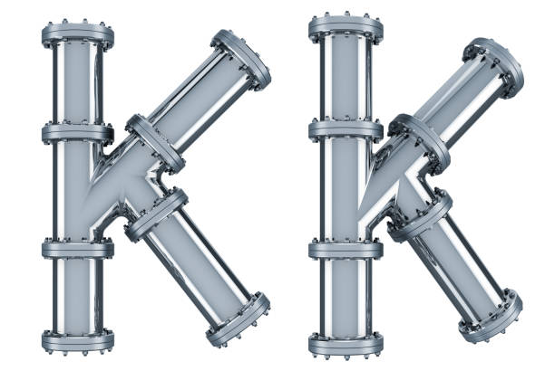 Letter K from steel pipes, 3D rendering isolated on white background