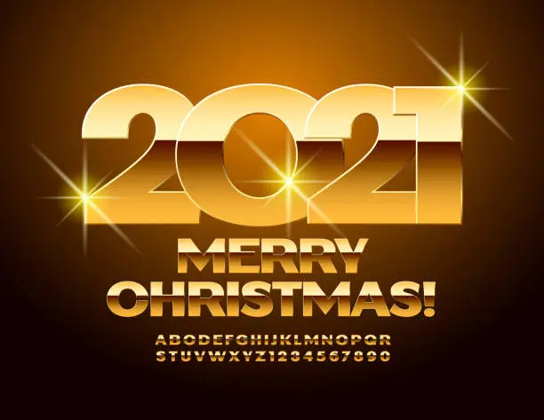 Vector illustration of Vector premium greeting card Merry Christmas 2021! Shiny Gold Alphabet Letters and Numbers