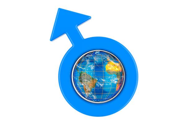 simbolo di genere maschile con globo terrestre. concetto di giornata internazionale degli uomini. - patriarchy foto e immagini stock