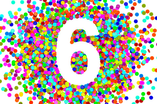 Number 6 from colored confetti. 3D rendering isolated on white background