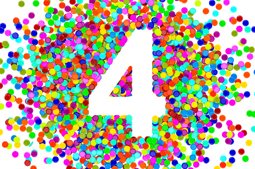 Number 4 from colored confetti. 3D rendering isolated on white background