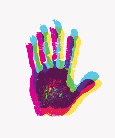 Colorful children or adult handprints overlapping overlaying. Colored prints of human hands. Creative idea for a team building presentation, report, family and artistic activity, advisory and poster