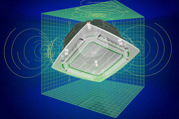 istock Visualization 3d cad model of Ceiling Cassette Unit, Indoor Unit of Air Condition, blueprint. 3D rendering 1280404903