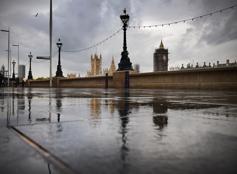 A typical British rainy day on the embankment with views of Westminster and Houses of Parliament.