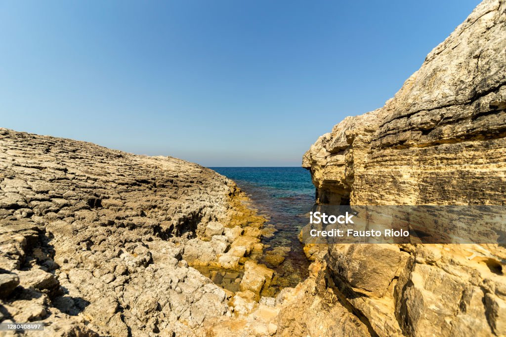 Beautiful Seascape of Balata Liscia in Augusta, Province of Syracuse, Sicily - Italy. Beach Stock Photo