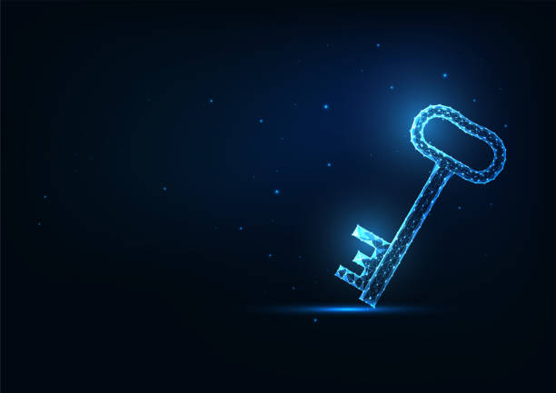 istock Futuristic glowing low polygonal door key isolated on dark blue background. 1280408887