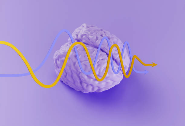 istock human violet brain model and yellow blue statistical curved arrows on violet background, minimal concept, 3d illustration 1280409627