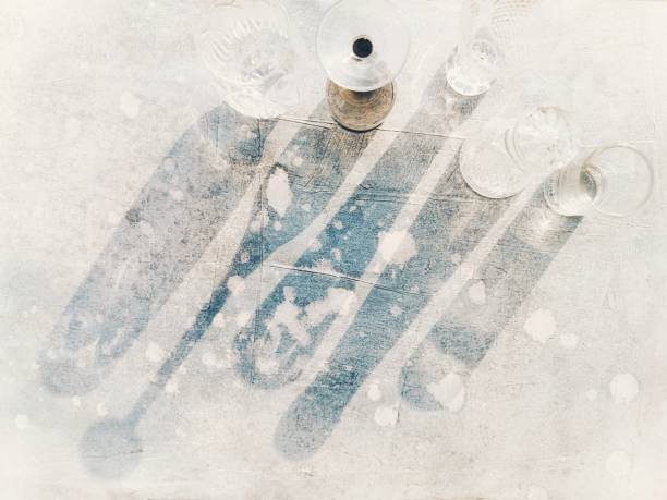 Color long harsh shadow of glasses on a dirty table. Flat lay. Copy space