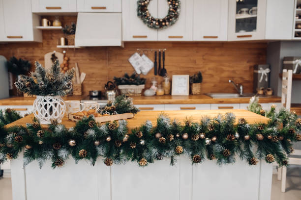 istock Beautiful white kitchen decorated for Christmas. Christmas holidays 1280409838