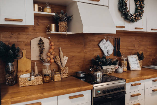 istock Modern white and brown kitchen. Christmas holidays 1280409855