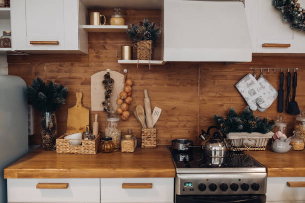 istock Modern white and brown kitchen. Christmas holidays 1280409857