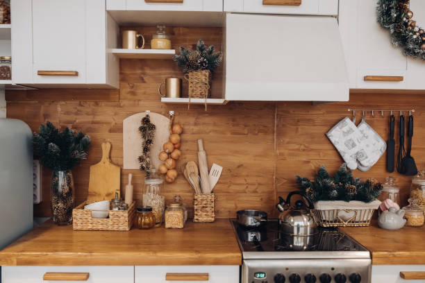 istock Modern white and brown kitchen. Christmas holidays 1280409862