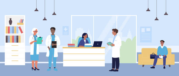 Hospital reception vector illustration, cartoon flat doctor character team, man patient waiting in hospital hall interior background Hospital reception vector illustration. Cartoon flat doctor character team standing at receptionist table, patient waiting for doctor appointment, sitting on sofa in hospital hall interior background secretary stock illustrations