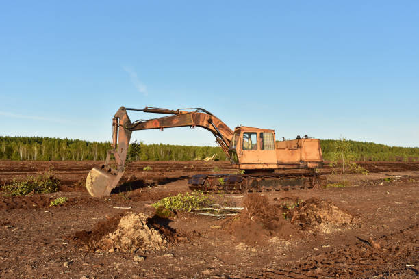 istock Excavator digging drainage ditch in peat extraction site. Drainage of peat bogs and destruction of trees 1280414785