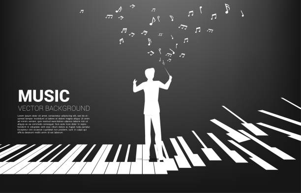 Vector silhouette of conductor standing with piano key with flying music note . Concept background for piano concert and recreation. composer stock illustrations