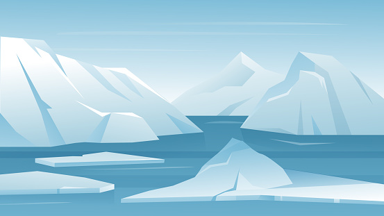 Arctic Antarctic landscape vector illustration. Cartoon frost nature scenery of North with iceberg snow mountain, melting ice glacier in blue northern ocean water. Cold climate winter scene background