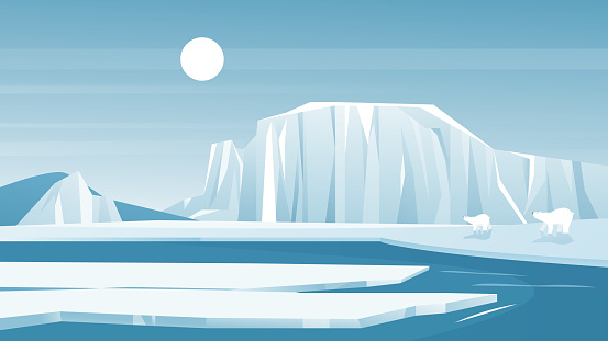 Antarctic landscape vector illustration. Cartoon frost nature scenery of North with iceberg snow mountain, arctic ice and snow hills.