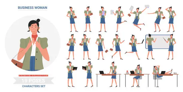 Vector illustration of Business woman working poses infographic set, cartoon flat busy female character at business work