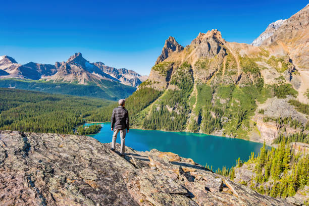 istock Solo hiker looks at mountain view 1280421736