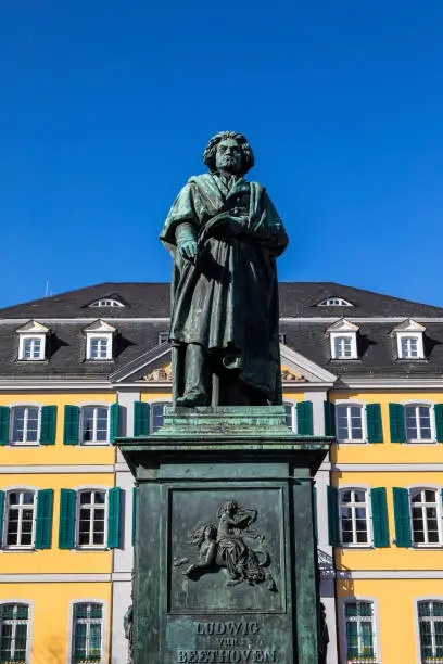 Bonn, Germany - February 17th 2020: Famous composer Ludwig van Beethoven - with the Old Post Office building in the background, on Munsterplatz in Bonn, Germany.