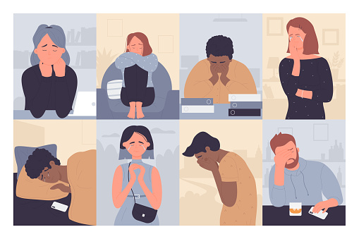 People in depression vector illustration set. Cartoon flat sad depressed man woman characters crying, unhappy lonely stressed persons sitting alone in stress emotion, anxiety or melancholy background