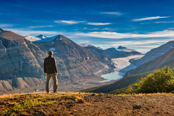 un randonneur profite de la vue dans le glacier de la saskatchewan du parc national banff parker ridge - vertical scenics ice canada photos et images de collection