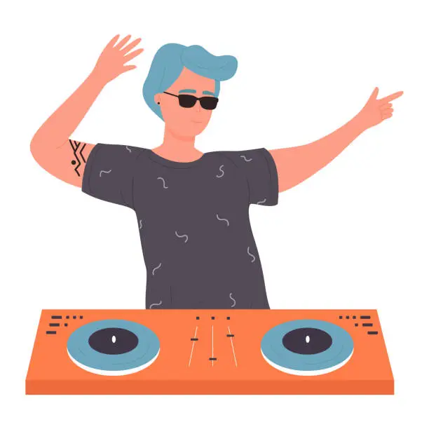 Vector illustration of DJ young man with sunglasses on musical party vector illustration. Cartoon flat male dancing DJ character with turntable mixer making contemporary music in night club, spinning disc isolated on white