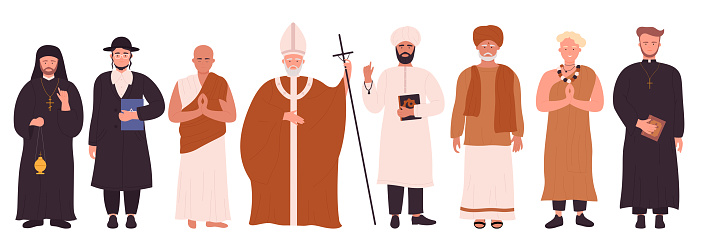 People of different religions infographic vector illustration set. Cartoon flat holy religious characters collection with catholic priest and pastor, Christian pope, Buddhist monk isolated on white