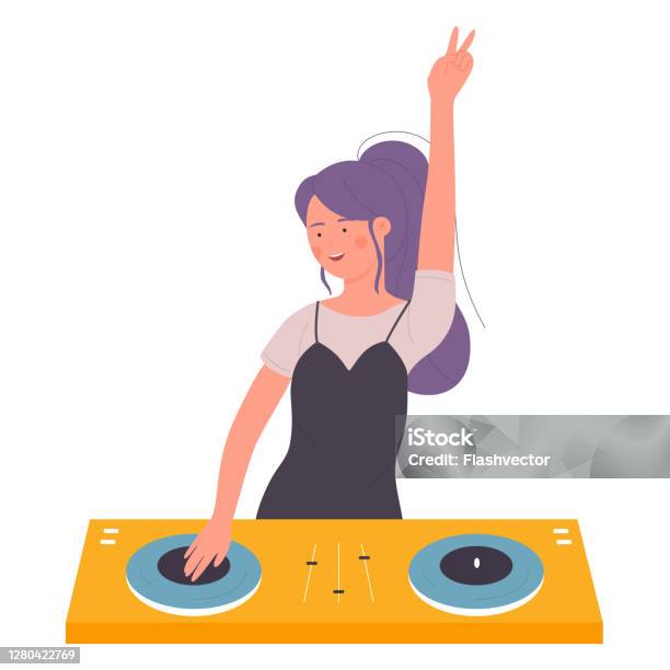 Dj Beautiful Young Woman On Musical Party Vector Illustration Cartoon Flat  Female Girl Dj Character With