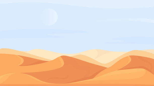 Desert nature landscape in Africa, cartoon deserted scenery in summer heat weather, Sahara scene Desert nature landscape in Africa vector illustration. Cartoon flat deserted scenery in summer heat weather, African or Middle East natural sand dune and hills, Sahara desert scene panorama background oman cartoon stock illustrations