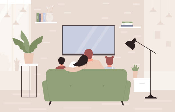 familienmenschen schauen fernsehen, cartoon-wohnung mutter, vater, tochter und sohn teenager fernsehen zusammen - watching tv stock-grafiken, -clipart, -cartoons und -symbole