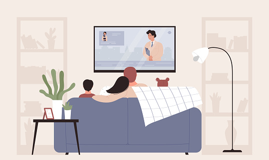Family People Watching Tv Cartoon Flat Mother Father And Kids Characters  Sit On Sofa In Home Room Stock Illustration - Download Image Now - iStock
