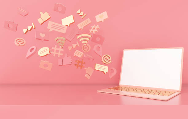 Like, chat, comment bubble, camera, hashtag, Wi Fi wireless network symbol, at, play icons and laptop. Social media, apps symbols 3d rendering