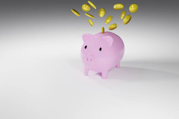 istock 3d rendering illustration Pink piggy bank with gold coins falling down 1280425411