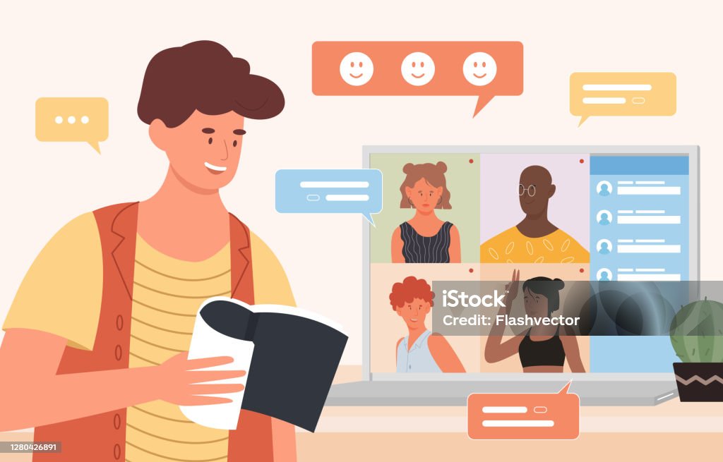 Online Video Chat Cartoon Happy Young Friend Characters Chatting In  Videoconference Desktop App Stock Illustration - Download Image Now - iStock