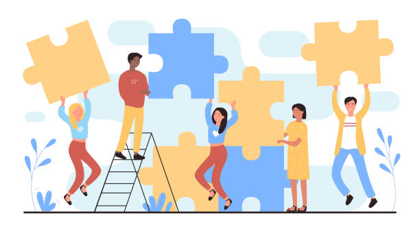 illustrazioni stock, clip art, cartoni animati e icone di tendenza di le persone collegano enigmi, cartone animato felice giovane squadra di personaggi che collegano pezzi puzzle insieme - puzzle jigsaw puzzle connection togetherness