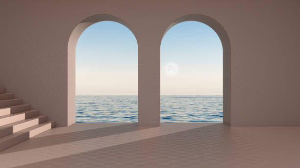 istock Imaginary fictional architecture, interior design of empty space with arched window and staircase, concrete rosy walls, terrace with sunrise sunset sea panorama, clear sky with moon 1280430080