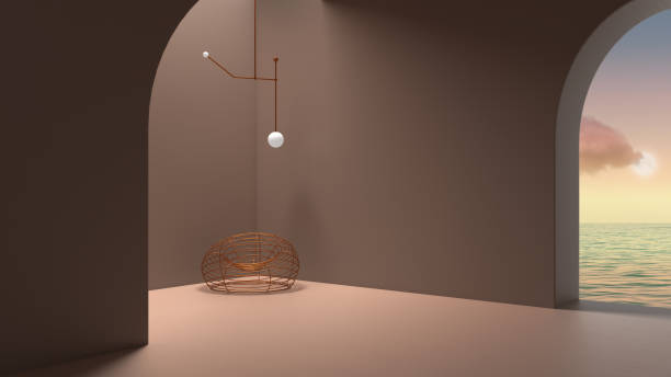 istock Imaginary fictional architecture, interior design of empty space with arched window, copper armchair, lamp, concrete rosy walls, terrace with sunrise sunset sky sea panorama 1280430084